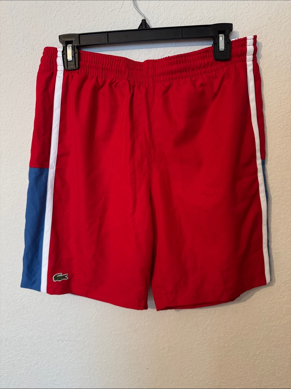 Lacoste Red Athletic Shorts with Blue Side Panels and White Trim